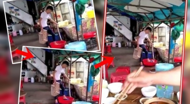 大排档用脚洗菜动作娴熟 这样的后厨你还吃得下？