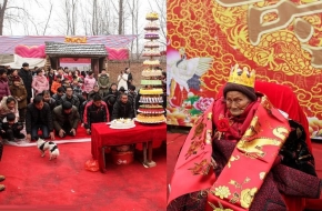 河南百岁老人寿宴热闹非凡 200多位晚辈齐聚小院