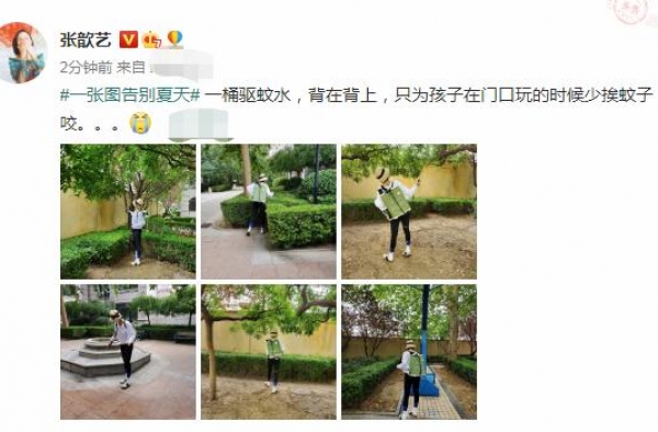 母爱爆棚！张歆艺怕儿子被蚊虫咬，亲自背喷雾器在小区打驱蚊水