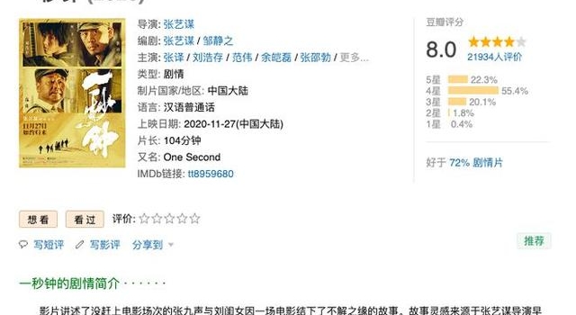 张艺谋《一秒钟》被网友打8分 评论却两极分化