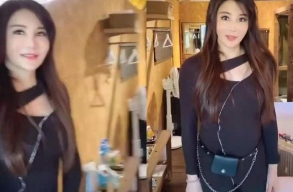 杨丽菁三亚度假打扮性感，穿紧身裤勒出大腿缝隙，领口挖空一大块